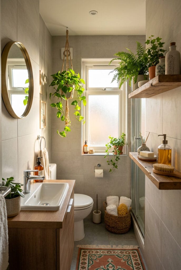 Salle de bain naturelle et apaisante avec plantes vertes en pots suspendus créant une atmosphère relaxante et harmonieuse