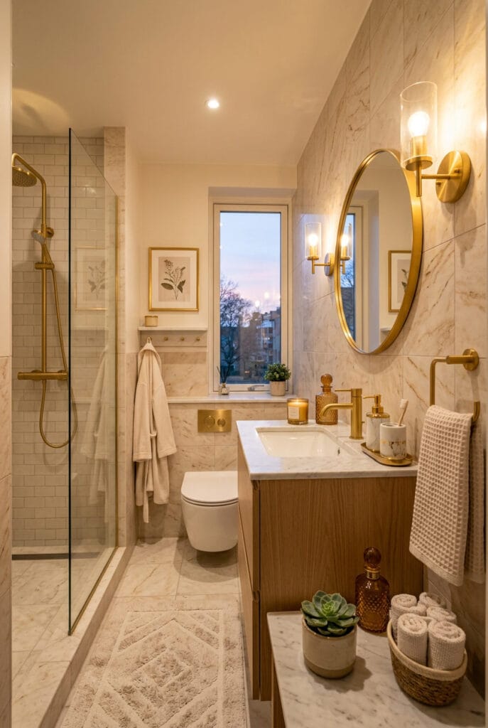 Salle de bain élégante avec accents dorés sur robinets, miroir et accessoires créant un rendu raffiné et chaleureux