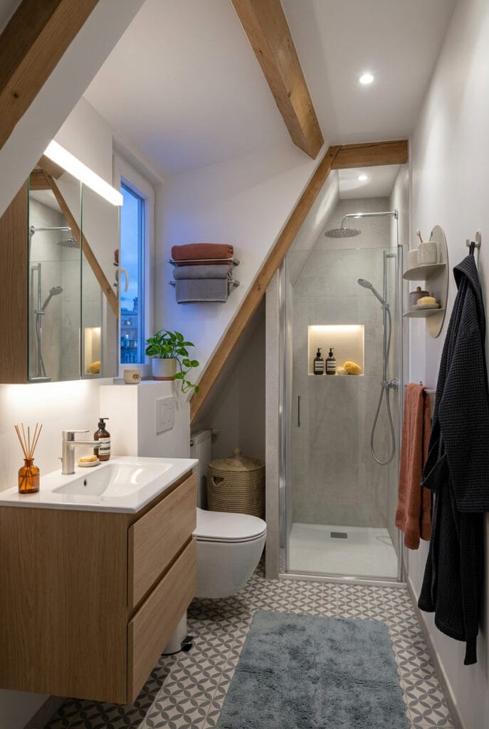 Salle de bain sur mesure adaptée à une configuration unique avec fenêtre et contraintes architecturales spécifiques