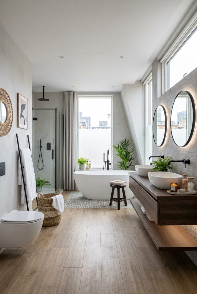 Grande salle de bain lumineuse et spacieuse avec double vasque et baignoire îlot élégante