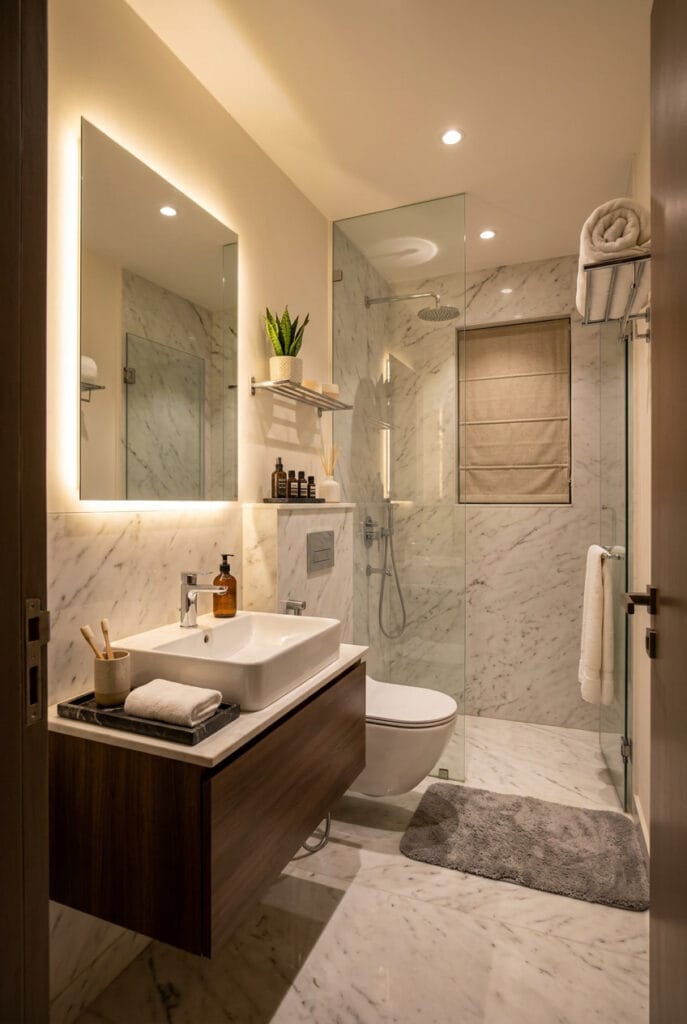Revêtement en marbre dans une salle de bain humide alliant durabilité et esthétique soignée
