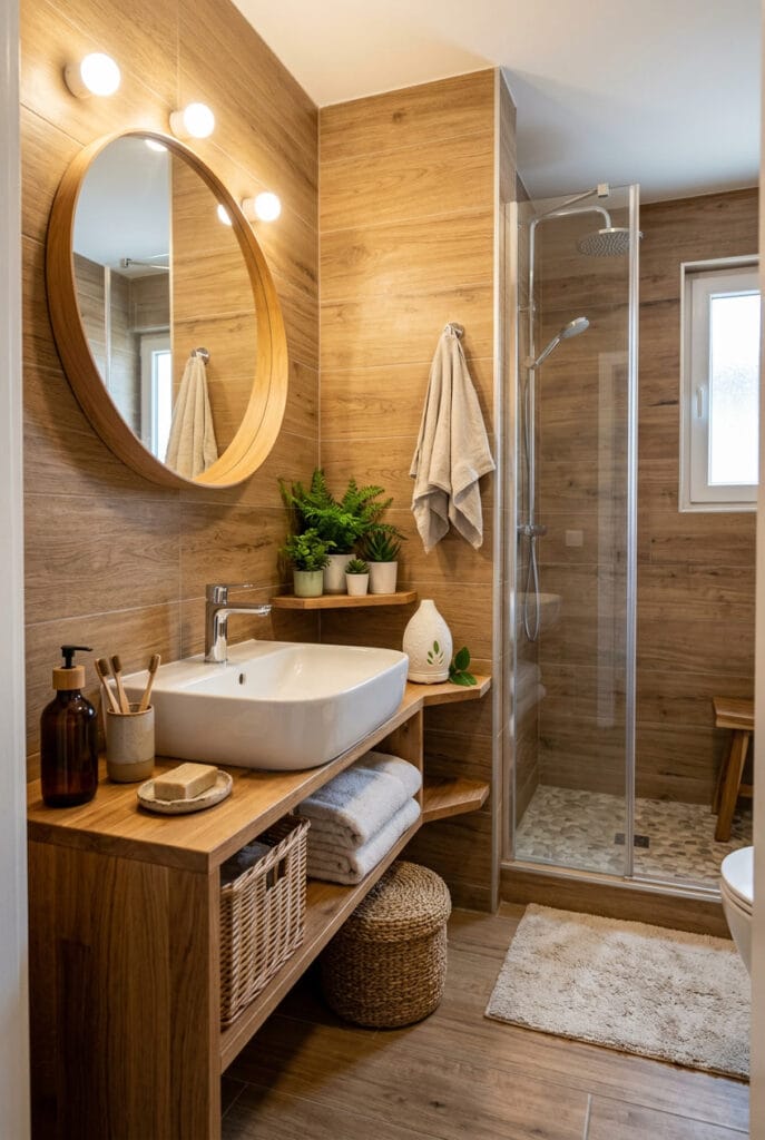 Salle de bain avec carrelage effet bois chaleureux imitant fidèlement le bois naturel dans un espace cosy