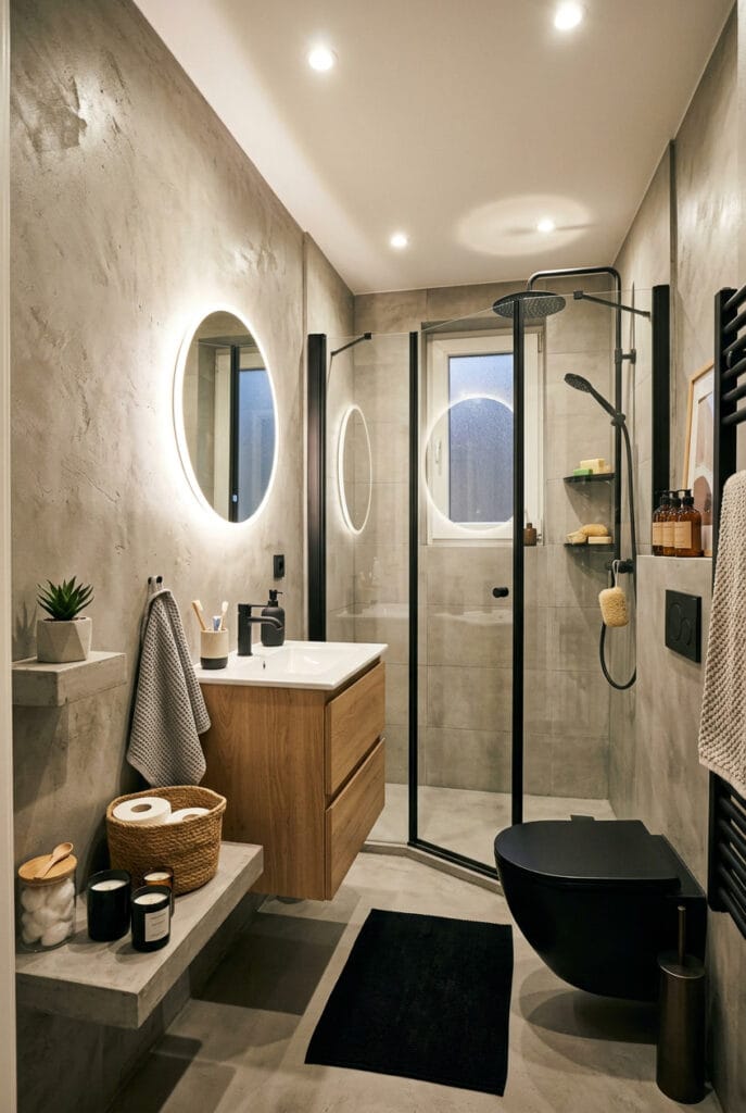 Salle de bain design en béton ciré aux finitions contemporaines et à l'aspect industriel raffiné