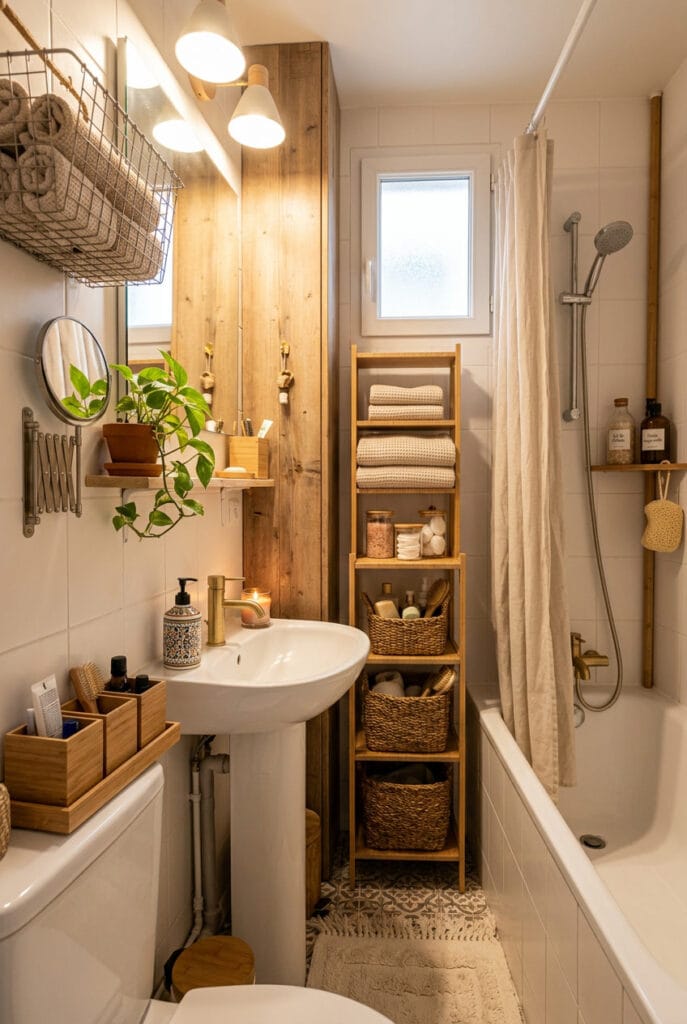 Salle de bain organisée avec paniers suspendus et boîtes compartimentées pour ranger les petits objets du quotidien