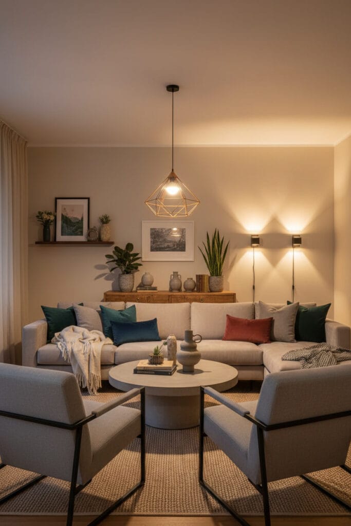 Salon cosy mixant style moderne et vintage.