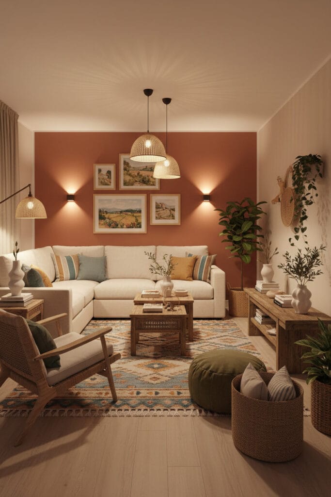 salon moderne méditerranéen avec circulation optimisée et décoration murale riche