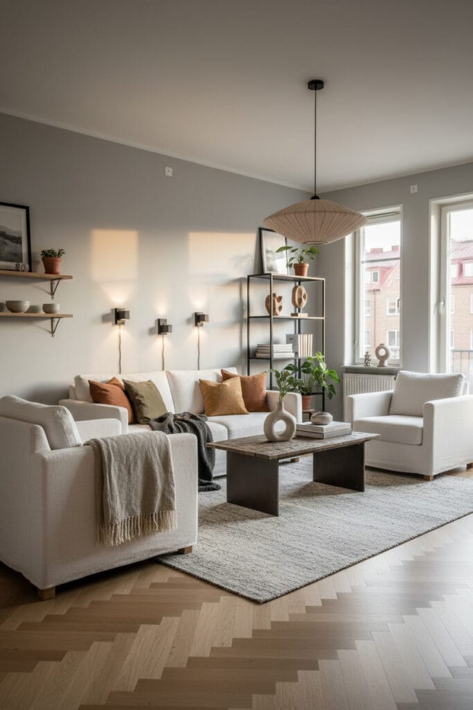 Salon cosy mixant style scandinave et industriel.