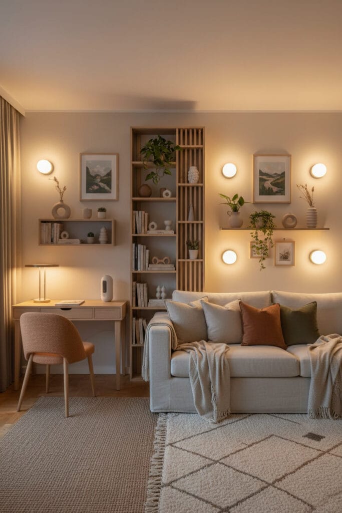 Salon délimité en zones distinctes sans cloison, décor harmonieux.