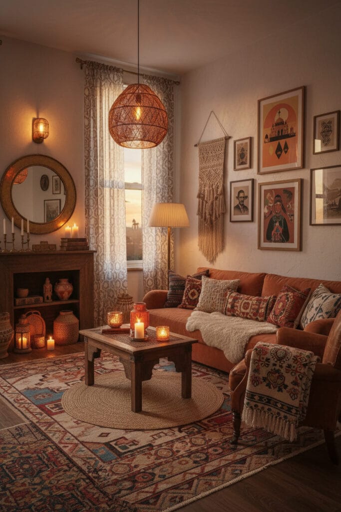 Décoration bohème chic inspirée des origines nomades et artisanales, illustrée dans un salon chaleureux à l’ambiance équilibrée et authentique.