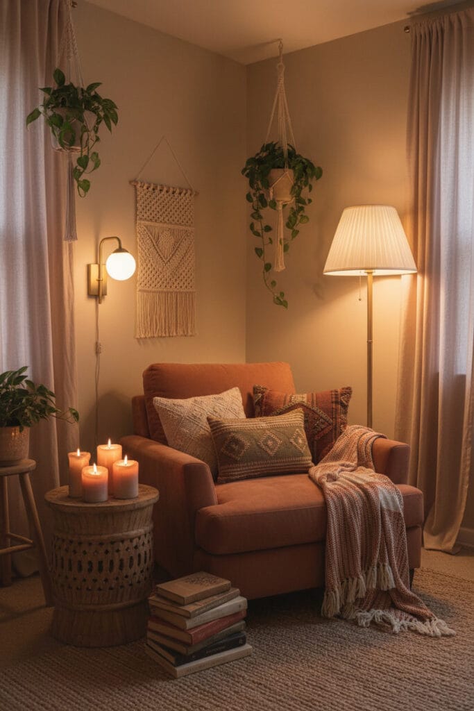 Petit coin lecture bohème chic dans un appartement, avec objets artisanaux, poteries, paniers tressés et motifs ethniques, ambiance tamisée et chaleureuse.