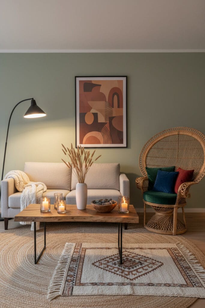 Salon bohème chic illustrant le mélange des styles avec un canapé moderne, un fauteuil en rotin vintage, une table en bois brut, des tapis superposés et une œuvre d'art abstraite. Deco Boheme Chic.