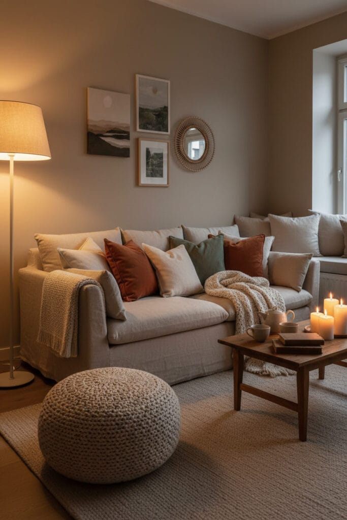 Coin convivial bohème chic ultra confortable avec un canapé moelleux garni de coussins, un pouf en macramé, un tapis épais, des plaids et une ambiance lumineuse douce. Deco Boheme Chic.