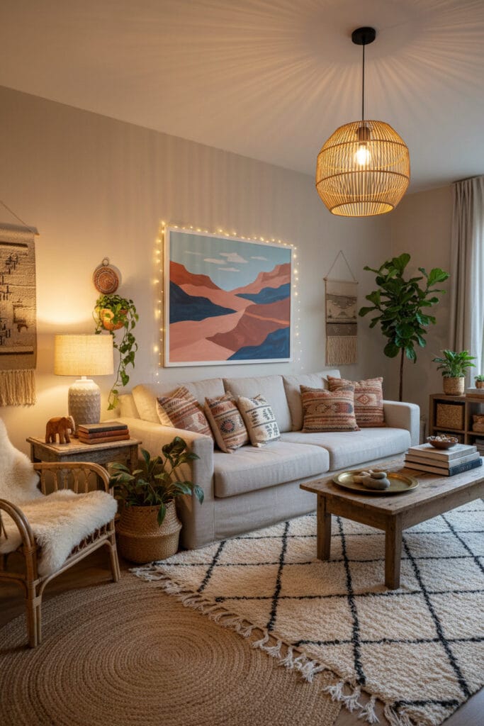 Salon bohème chic complet avec canapé en lin, coussins ethniques, tapis berbère, suspension en osier, lampes en céramique et objets artisanaux. Deco Boheme Chic.