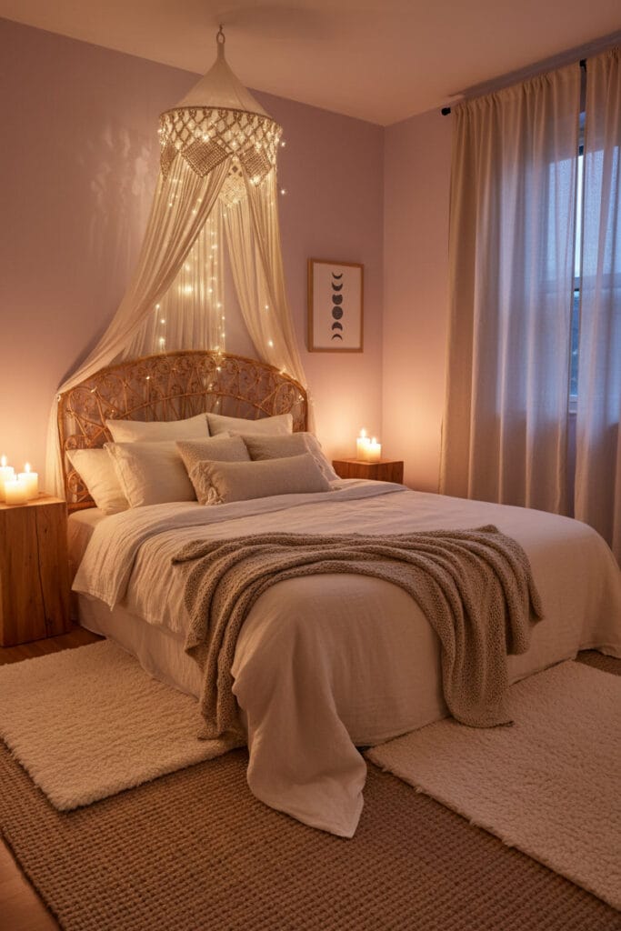 Chambre bohème chic cosy le soir avec un ciel de lit en macramé, des draps en lin, une tête de lit en rotin, des guirlandes lumineuses, des bougies et des tapis superposés. Deco Boheme Chic.