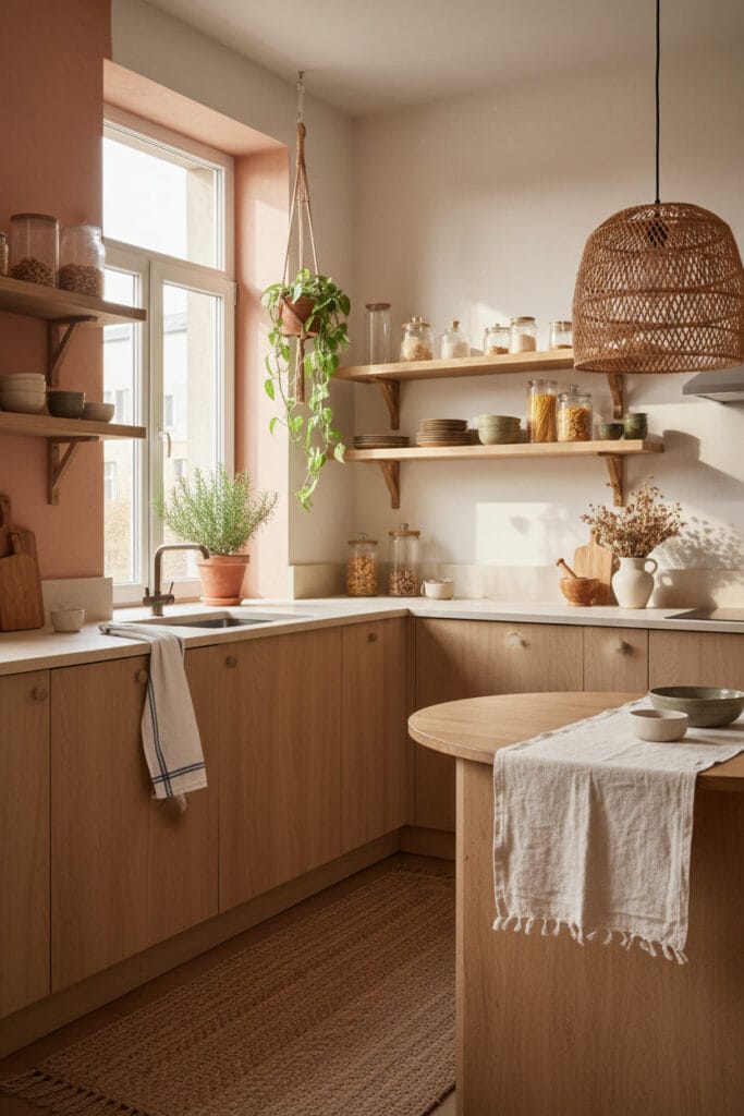 Cuisine bohème chic fonctionnelle avec meubles en bois clair, étagères ouvertes exposant de la vaisselle en céramique, un tapis en jute et une suspension en rotin. Deco Boheme Chic.