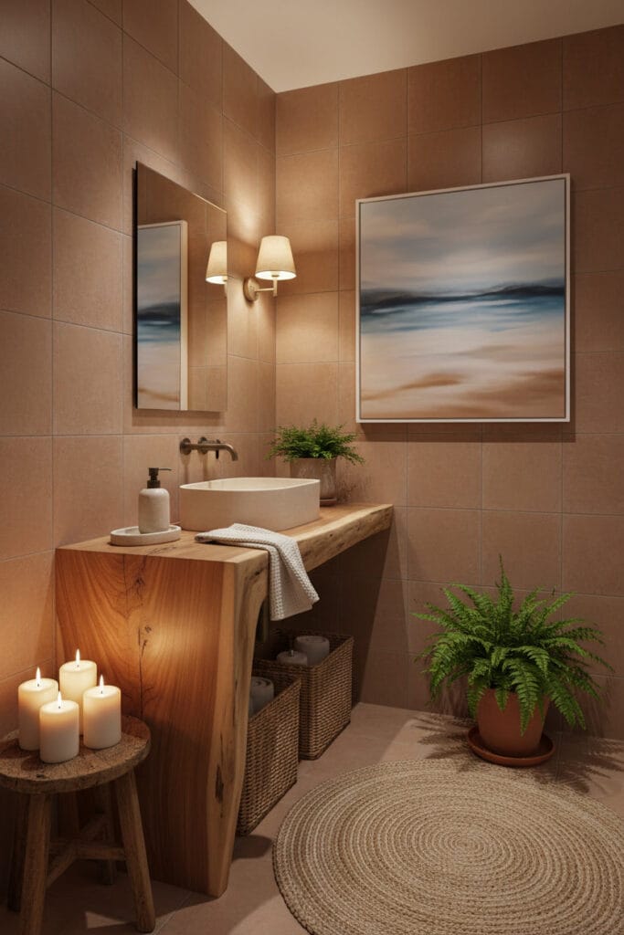 Salle de bain bohème chic apaisante avec un meuble vasque en bois brut, des paniers en osier, des accessoires en céramique, des plantes et des bougies. Deco Boheme Chic.