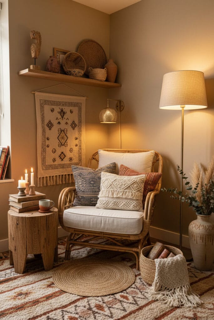 Coin lecture bohème chic avec ambiance tamisée, décor équilibré et style inspirant dans un appartement.