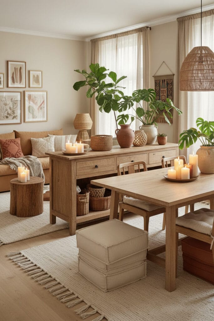 Salon bohème chic avec mobilier en bois et vintage, ambiance cocooning et harmonieuse dans un appartement