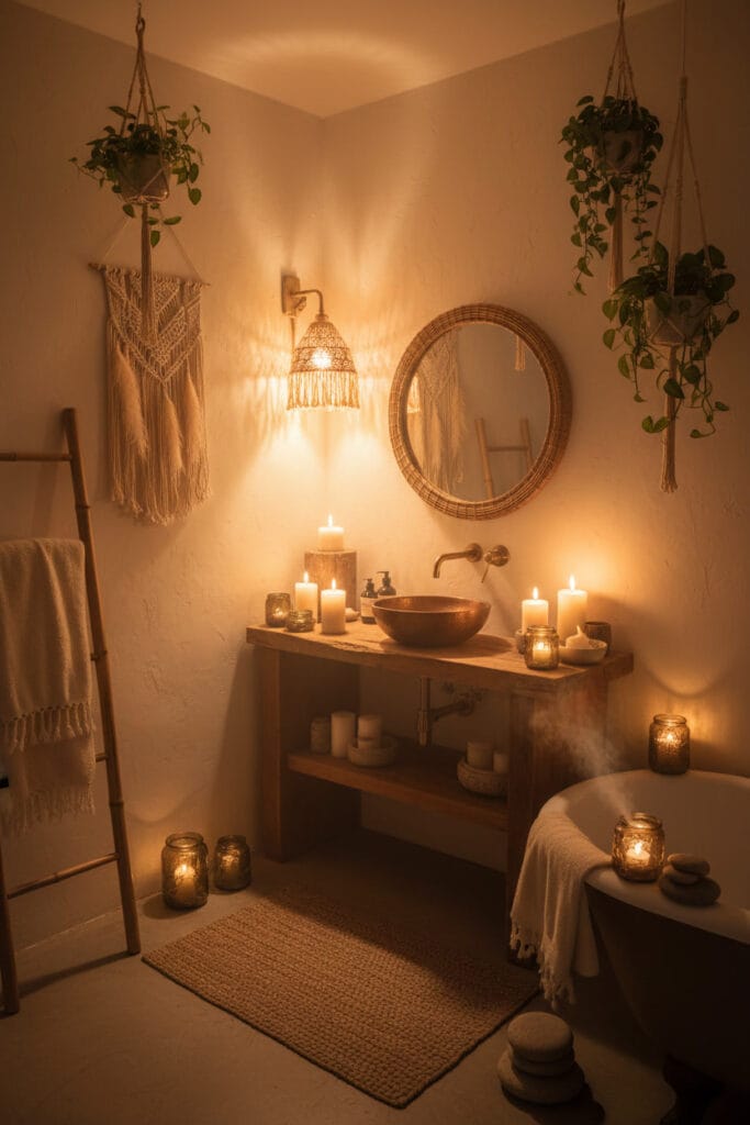 Salle de bain bohème chic dans un appartement, reflétant détente, harmonie et ambiance apaisante.
