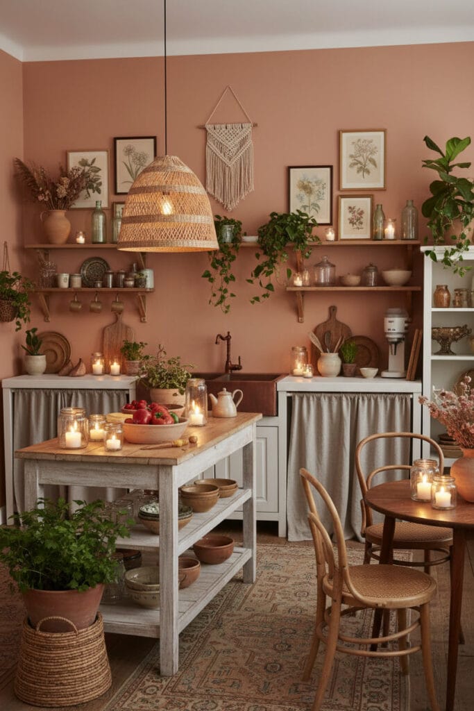 Cuisine bohème chic dans un appartement, reflétant chaleur, harmonie et convivialité