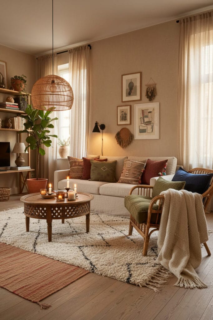salon bohème chic mêlant styles vintage, ethniques et contemporains, avec textures naturelles et ambiance lumineuse de fin d’après-midi, décor équilibré et harmonieux.