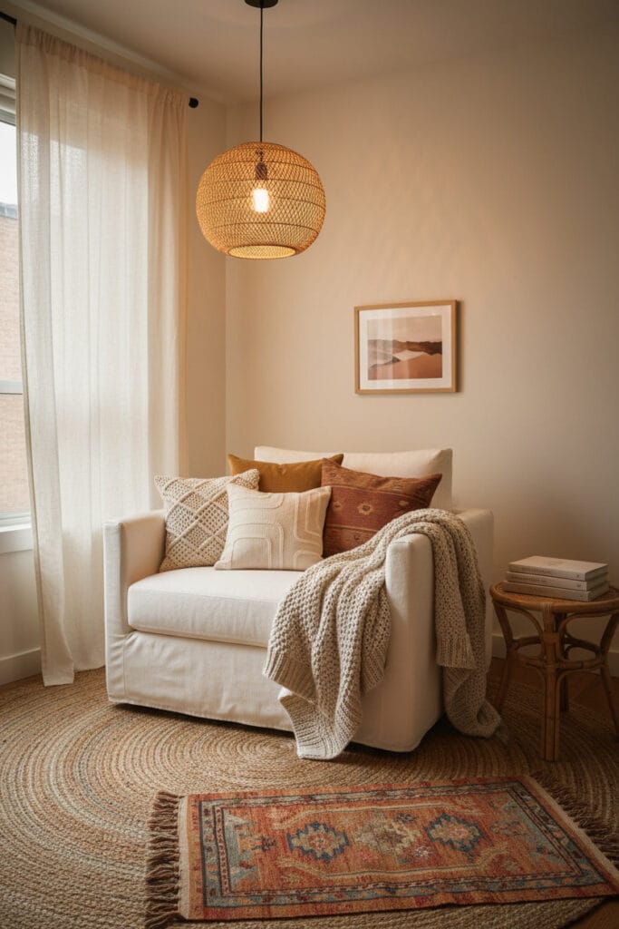 Coin lecture bohème chic avec superposition de textures : coussins en macramé, plaid en laine, tapis en jute et kilim, et rideaux en lin sur un mur clair. Deco Boheme Chic.