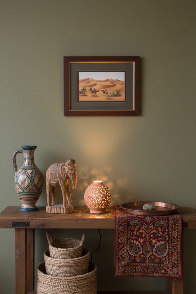 Décor de console bohème chic avec des objets artisanaux ethniques : poterie marocaine, sculpture en bois, paniers tressés et textile brodé sur un mur bordeaux. Deco Boheme Chic.