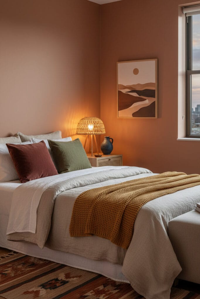 Coin de chambre bohème chic avec une palette de couleurs chaleureuses : murs terracotta, linge de lit beige, touches de bordeaux, vert olive et bleu profond. Deco Boheme Chic.