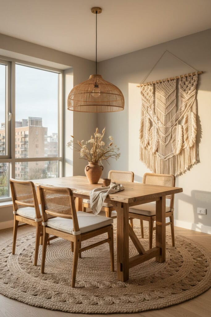 Espace repas bohème chic mettant en valeur les matières naturelles : table en bois brut, chaises en rotin et lin, suspension en osier, tapis en jute et macramé mural. Deco Boheme Chic.