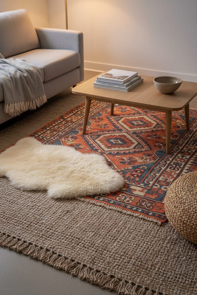 Superposition de tapis bohème chic : un kilim géométrique sur un tapis de jute, avec une peau de mouton, sous une table basse en bois. Deco Boheme Chic.