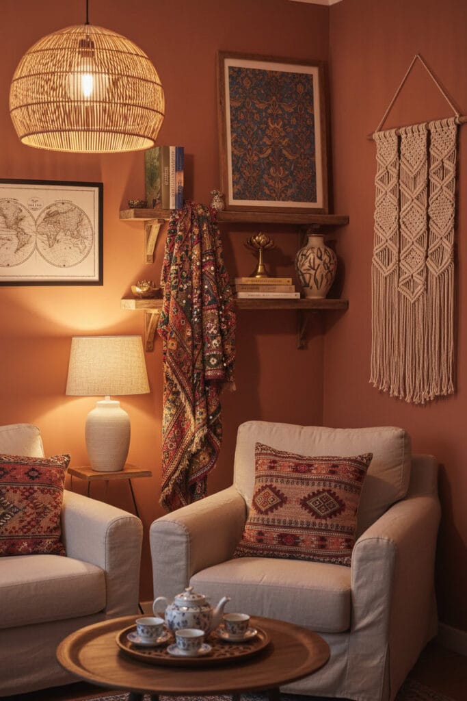 Coin d'un salon bohème chic illustrant ses influences culturelles avec un tapis marocain, un textile indien encadré, des objets artisanaux et une bibliothèque sur un mur terracotta. Deco Boheme Chic.