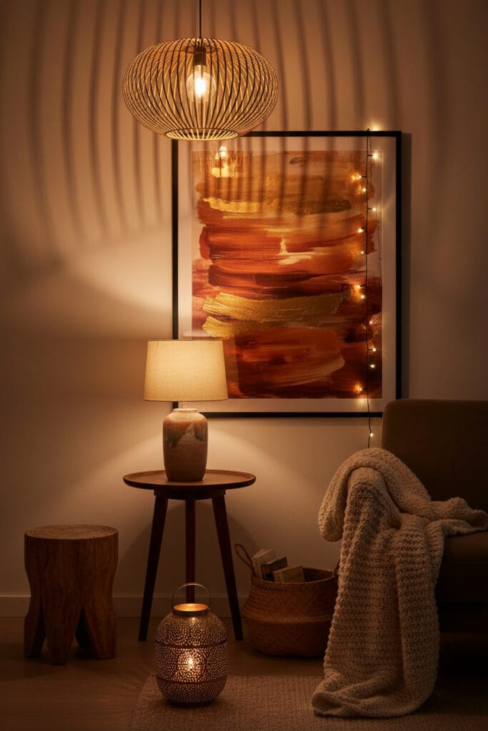 Ambiance cocooning le soir avec des luminaires bohème chic : suspension en bambou, lampe en céramique, guirlandes lumineuses et lanterne marocaine. Deco Boheme Chic.