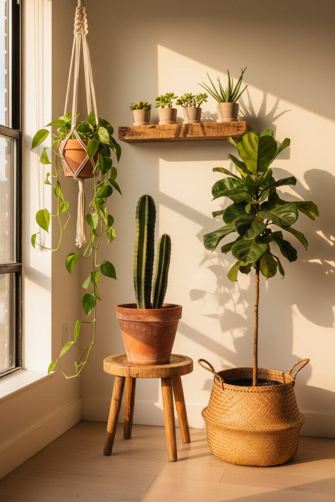 Coin végétal bohème chic avec des plantes variées : un pothos suspendu, un cactus, un palmier et des succulentes dans des pots en terre cuite et osier. Deco Boheme Chic.
