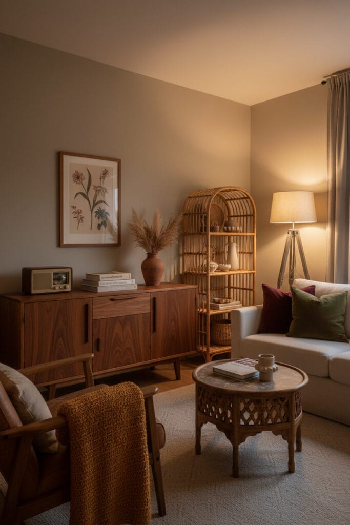 Salon bohème chic avec mobilier en bois : un buffet en teck, une table basse sculptée, un fauteuil vintage, une étagère en rotin et une affiche de voyage ancienne. Deco Boheme Chic.