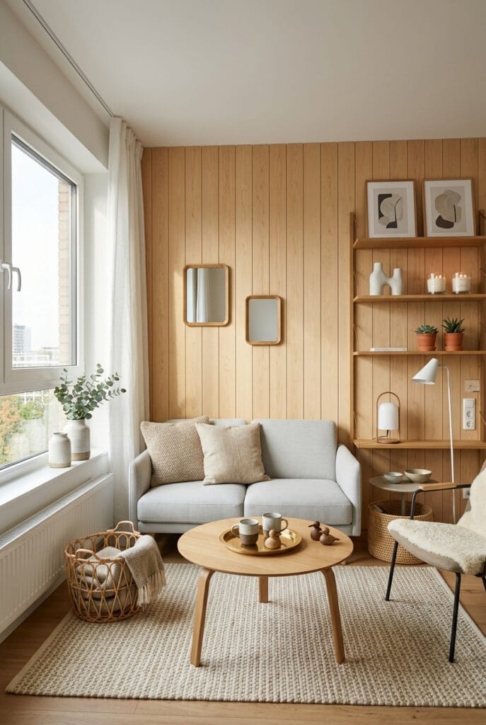 décoration murale bois dans un intérieur scandinave épuré aux tons clairs et apaisants