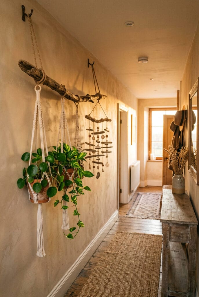 Suspension décorative en bois flotté avec plantes dans un intérieur naturel