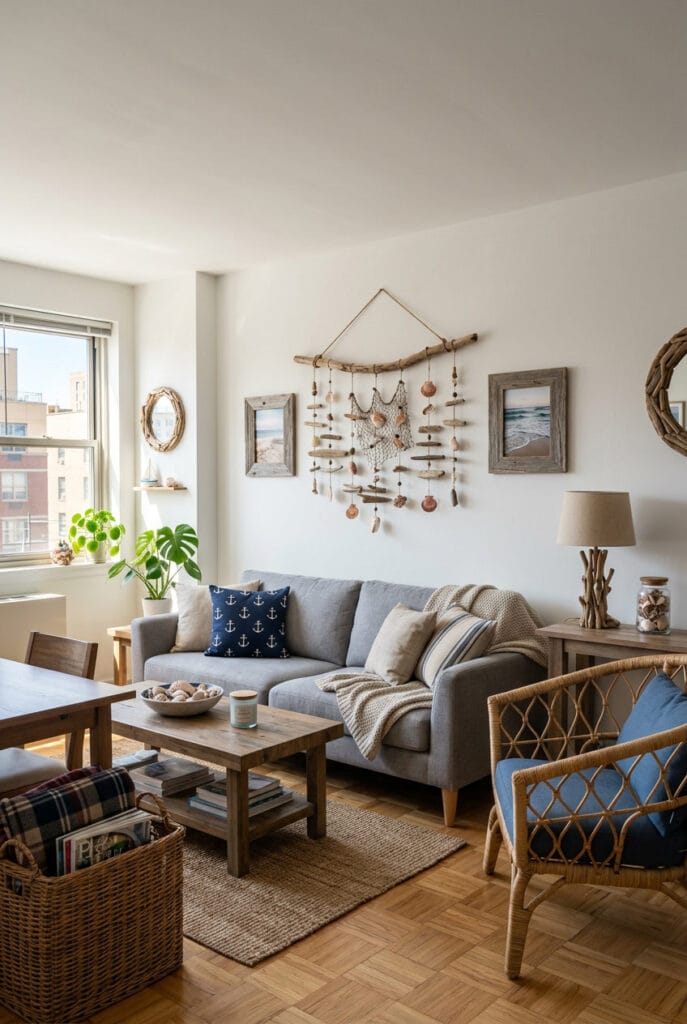 Décoration marine en bois flotté avec coquillages et accessoires côtiers naturels