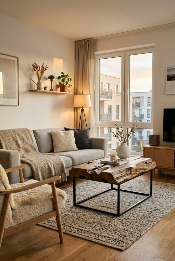 Intérieur scandinave épuré avec table basse en bois flotté et textiles nordiques