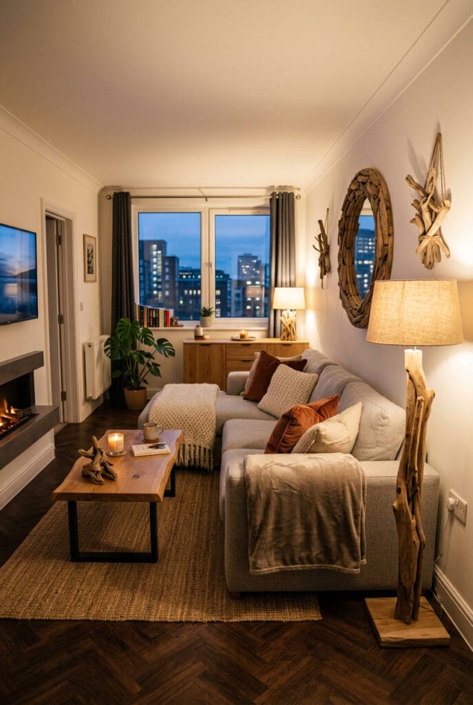 Salon cosy avec lampe en bois flotté, coussins moelleux et plaid en velours