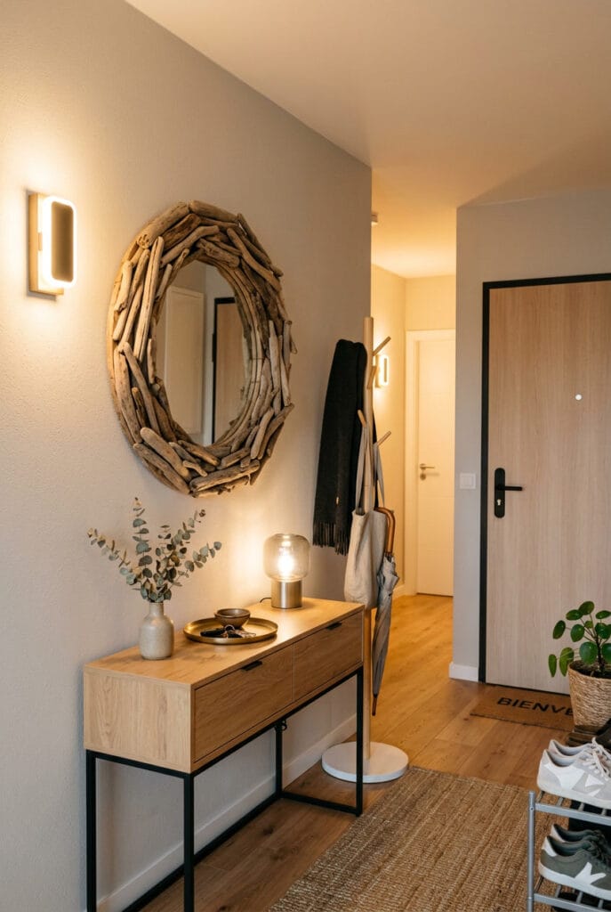 Cadre artisanal en bois flotté entourant un miroir, style naturel et authentique