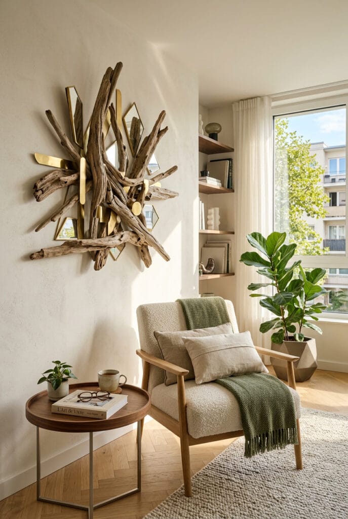 Panneau mural original en bois flotté, style artistique et naturel