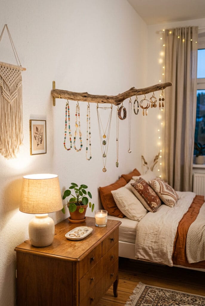 Branche de bois flotté utilisée comme porte-bijoux mural naturel et minimaliste