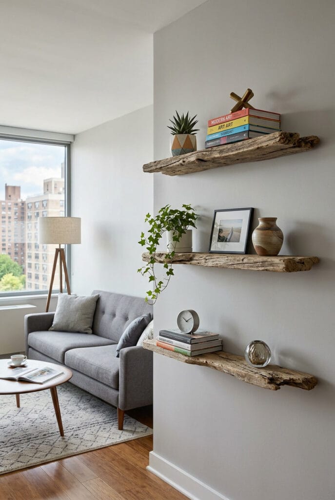 Morceaux de bois flotté en étagères suspendues, effet naturel et épuré