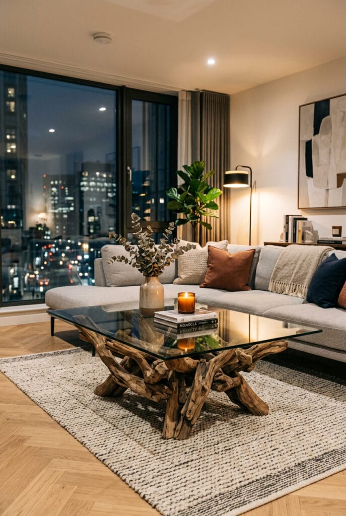 Table basse en bois flotté avec plateau en verre, style moderne et naturel