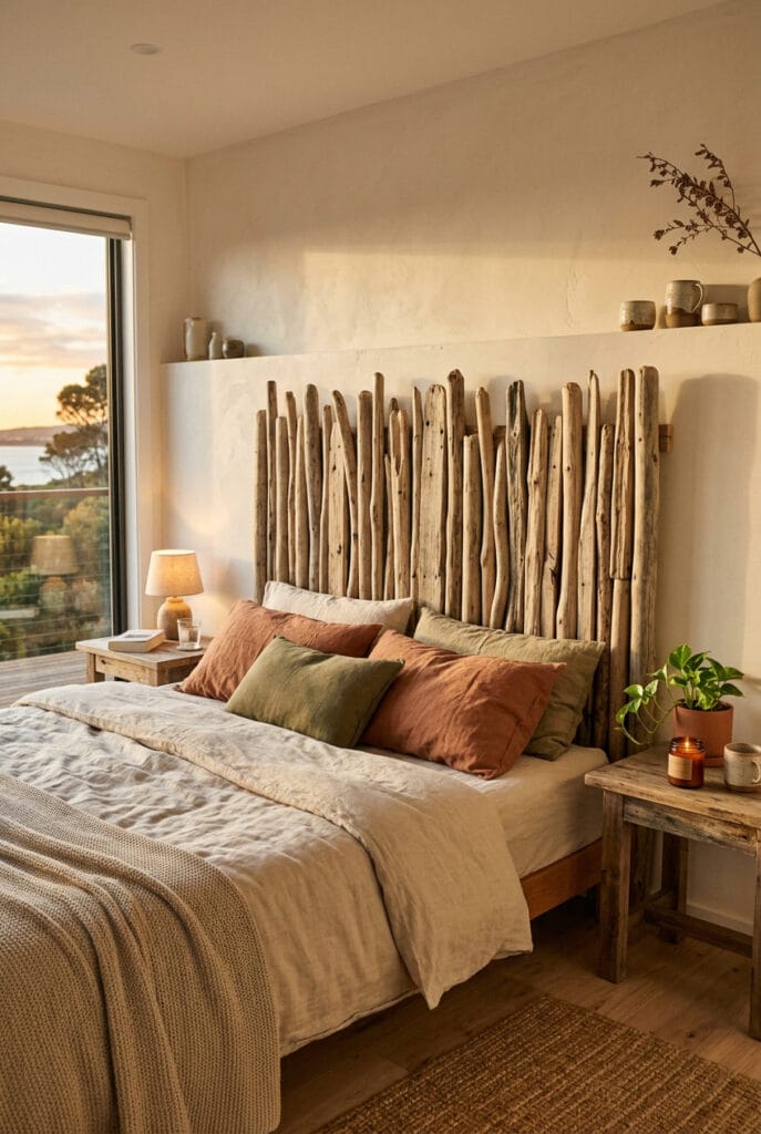 Tête de lit originale en bois flotté dans une chambre naturelle et cosy