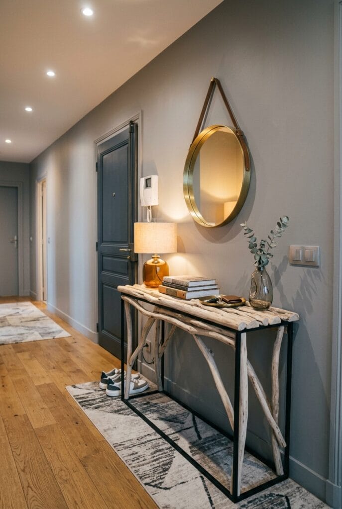 Console en bois flotté sur base métallique, style naturel et industriel