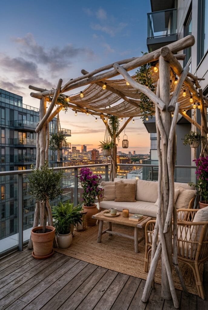 Pergola élégante en bois flotté aux formes organiques, espace extérieur naturel