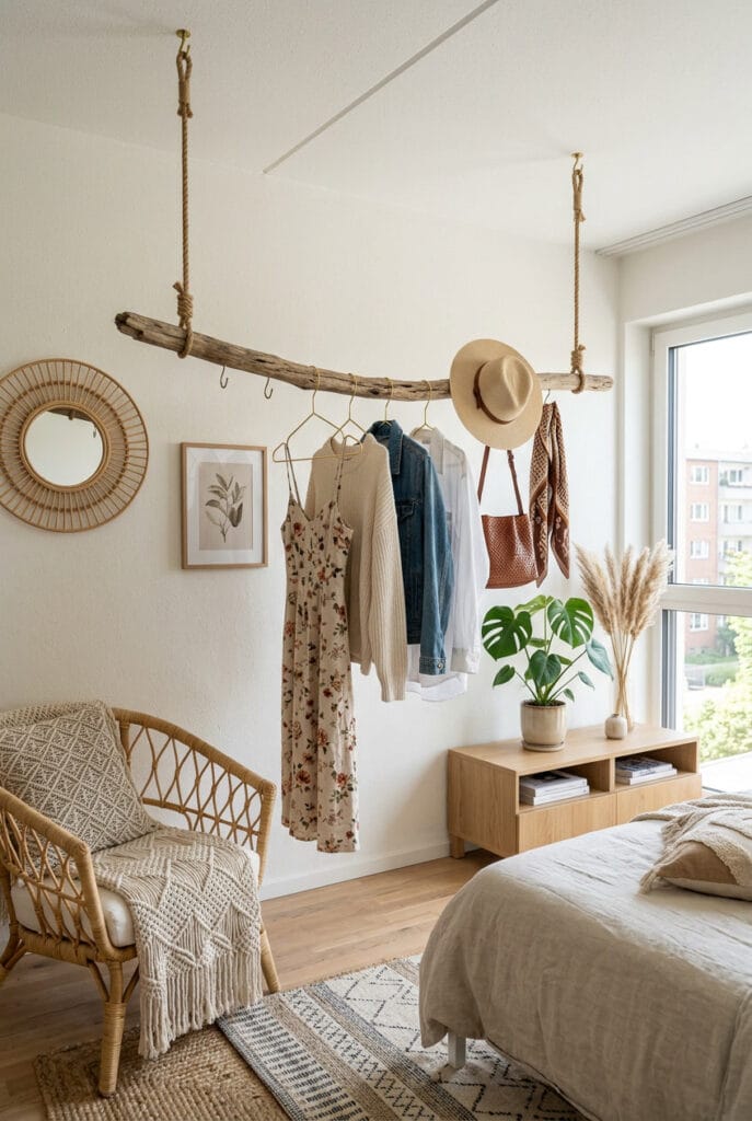 Grande branche de bois flotté utilisée comme barre de penderie avec anneaux métalliques