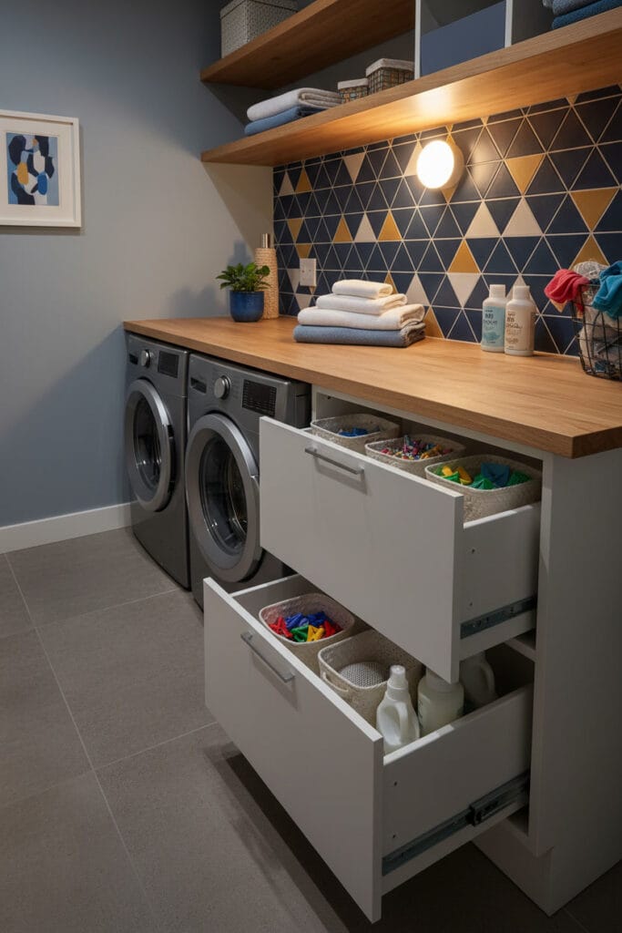 Plan de travail installé au-dessus des machines à laver dans une buanderie fonctionnelle