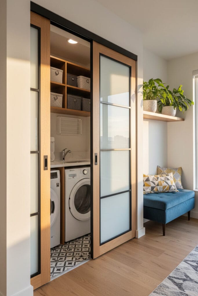 Buanderie dissimulée avec portes coulissantes élégantes et designBuanderie dissimulée avec portes coulissantes élégantes et design